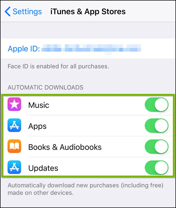 iTunes and app store settings highlighting the toggle switches within.