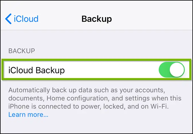 iOS iCloud backup settings highlighting the on off toggle switch.