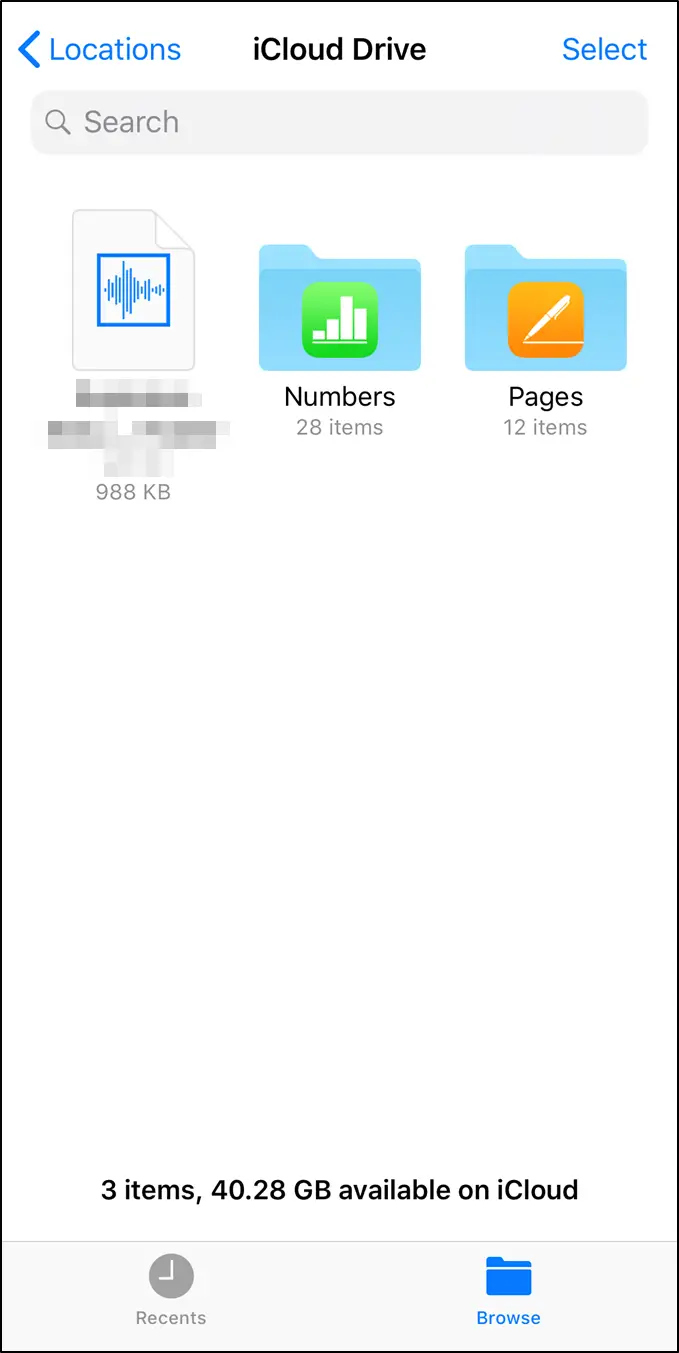 Files app browsing the contents of the iCloud drive.