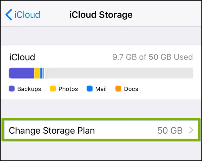 iCloud manage storage screen highlighting the change storage plan option.