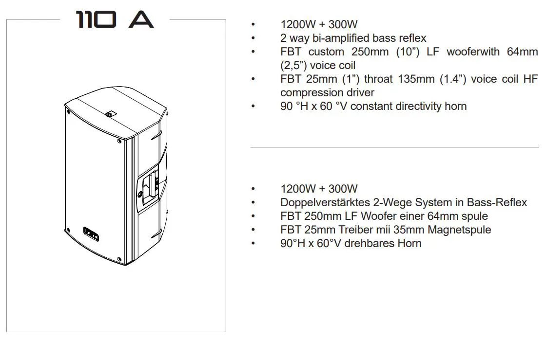 FBT XLITE 110A Processed Active Speaker Instructions - GENERAL FEATURES
