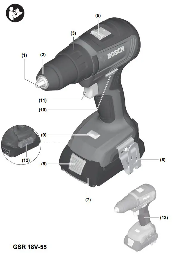 BOSCH 06019H5203 18V-55 GSR GSB Professional Cordless Drill Instructions - Product Overview