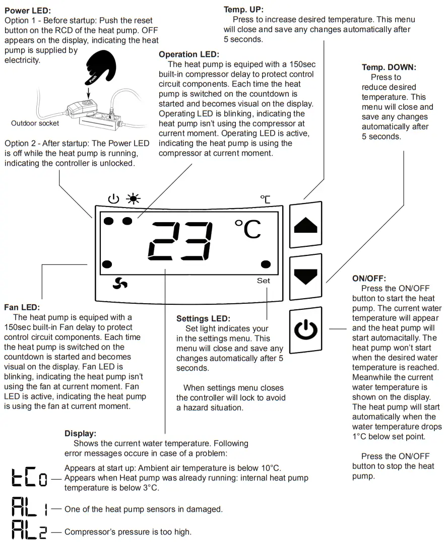 DURATECH HS40 Hot Splash Heat Pump - Startup and settings