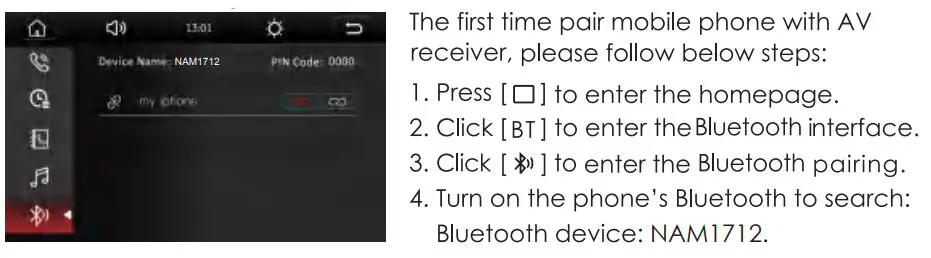 Nakamichi NAM1712 7 Inch 2-Din AV Receiver User Manual - Bluetooth Pairing