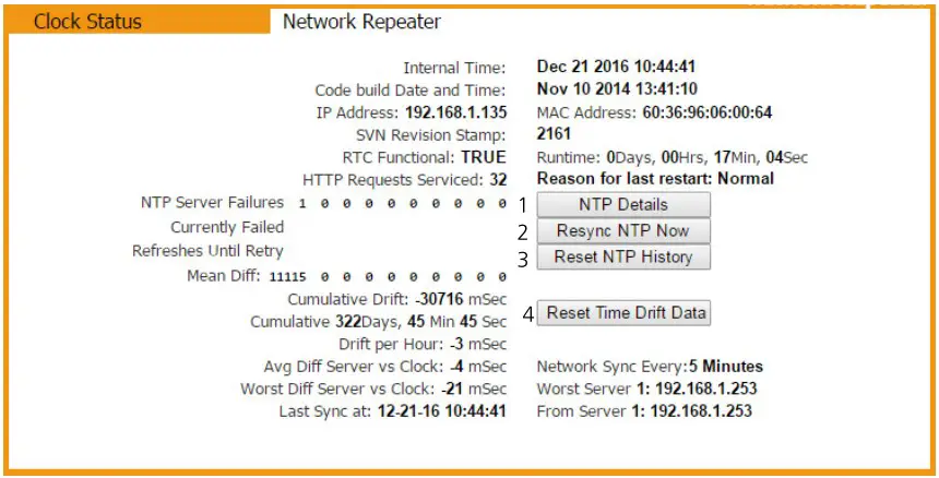 sapling SMA 4000 TalkBack Network Repeater - Web Interface - Clock Status