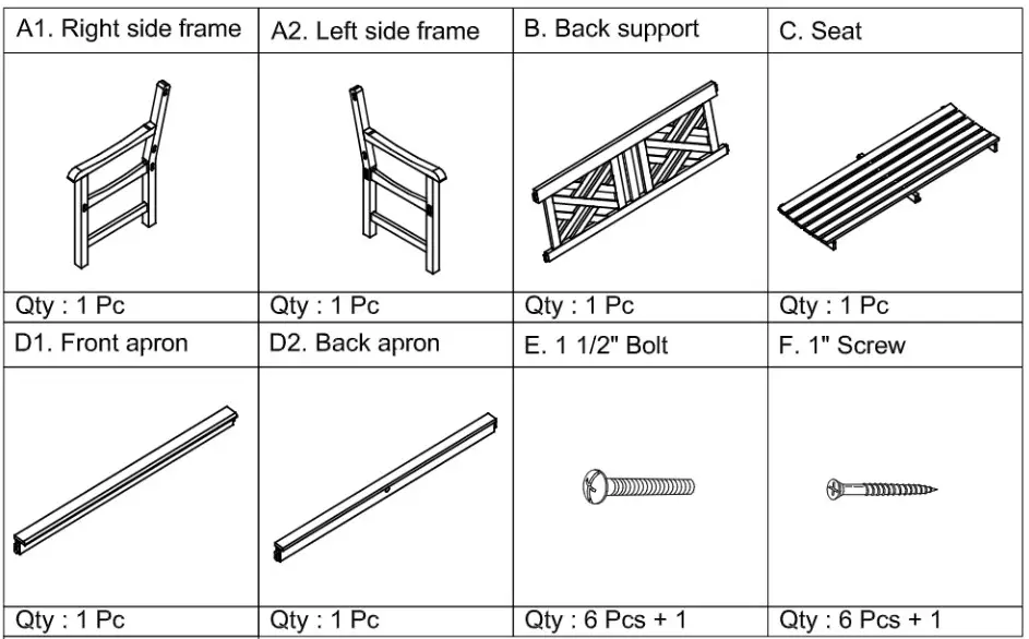 cambridge TEAK 4″ Bench - Parts And Hardware List 1
