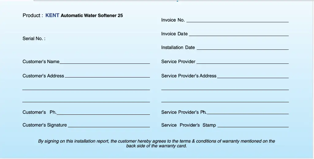 KENT Automatic Water Softener - warenti