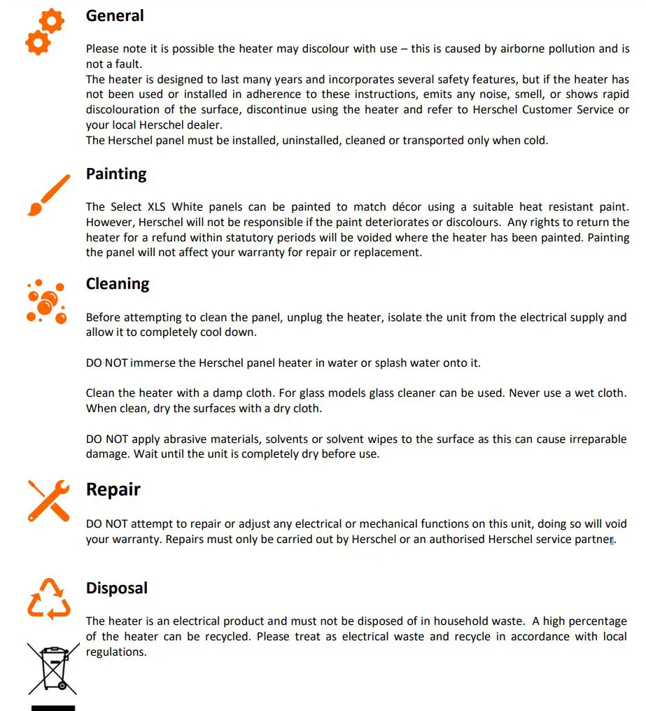 HERSCHEL XLS1000W-EU Select XLS Smart Infrared Panel Heaters Instruction Manual - Cleaning and maintenance