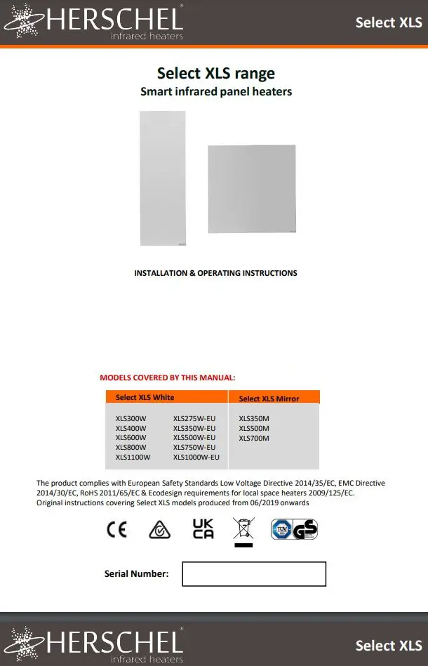 HERSCHEL XLS1000W-EU Select XLS Smart Infrared Panel Heaters Instruction Manual