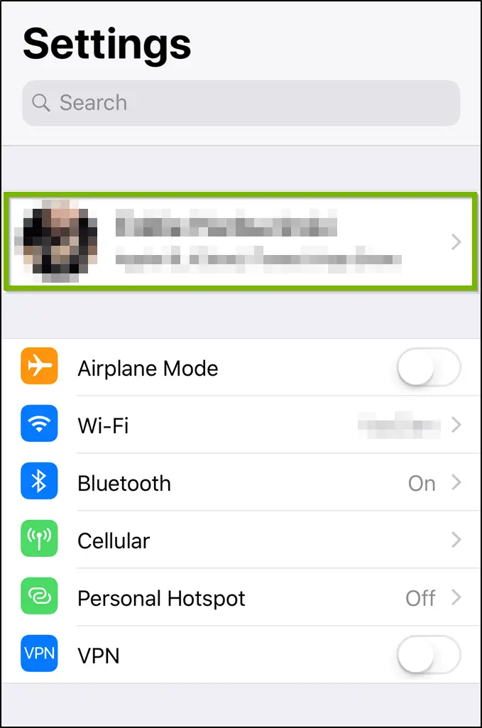 iOS Settings menu highlighting the Apple ID button.