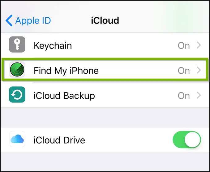 iCloud settings highlighting the Find My iPhone option.