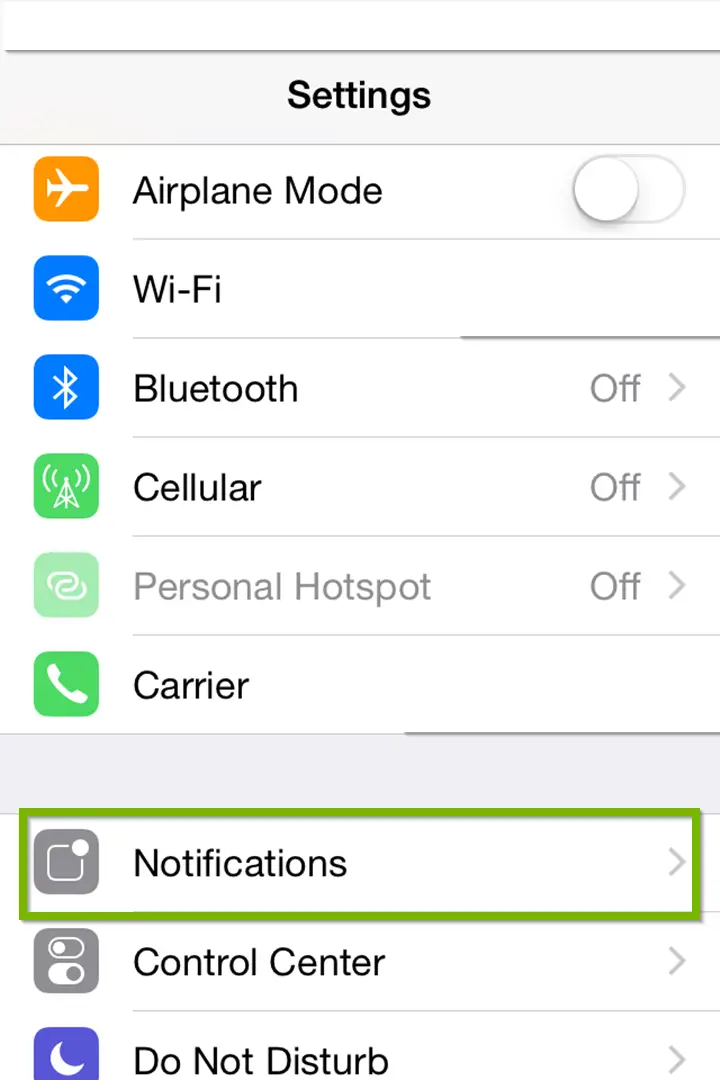 settings with notifications highlighted