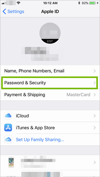 personal settings with password and security highlighted