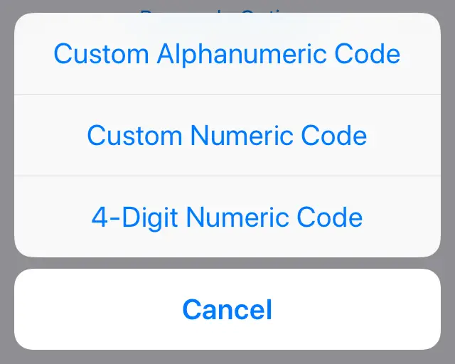 Passcode options prompt with different passcode options available. Screenshot.