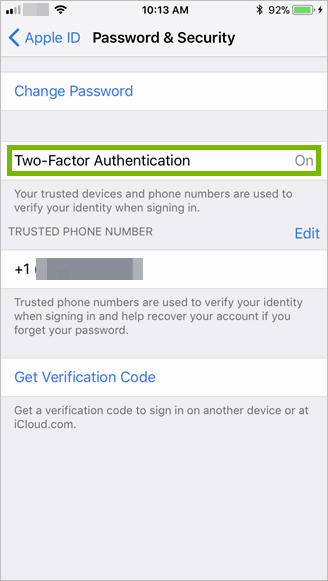 password and security settings with two-factor authentication highlighted