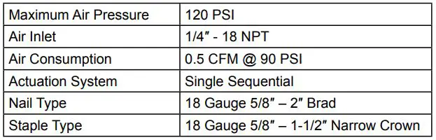 CENTRAL PNEUMATIC 64269 18 Gauge 2-In-1 Air Nailer Stapler Owner’s Manual - Specifications