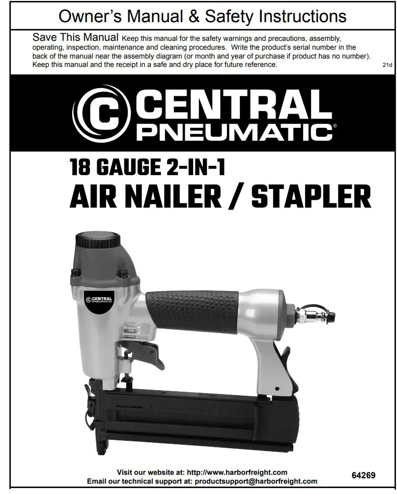 CENTRAL PNEUMATIC 64269 18 Gauge 2-In-1 Air Nailer Stapler Owner’s Manual