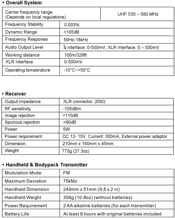 PHENYX PRO Selectable Frequency UHF Quad Channel Wireless Microphone System - Specifications