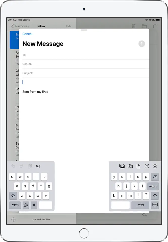 A new email message being composed with the keyboard split and undocked at the bottom of the iPad screen.