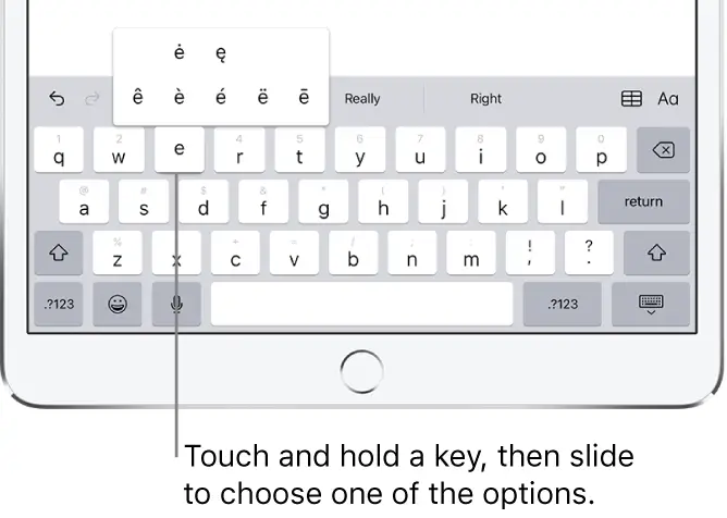 Screen showing alternate accented characters for the e key.