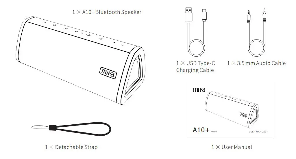 mifa A10 Portable Bluetooth Speaker 360° Stereo - Packing list