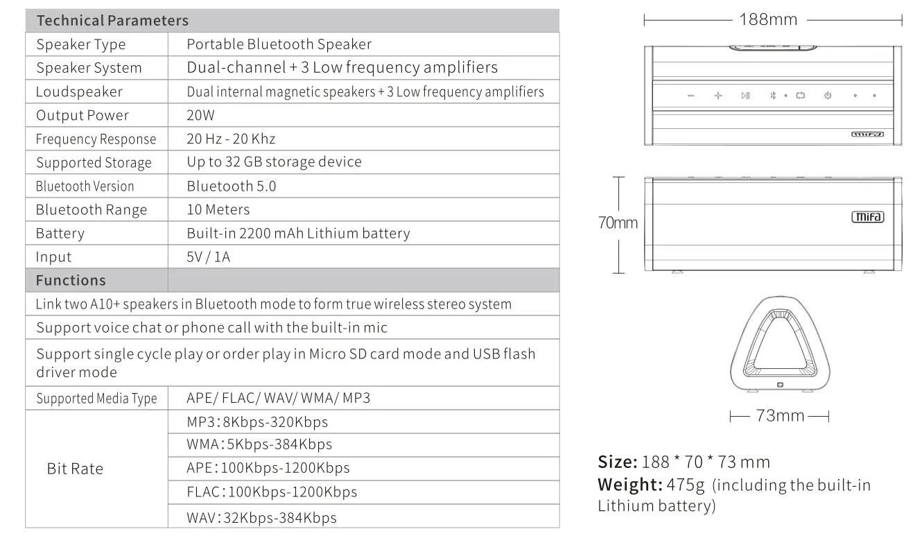 mifa A10 Portable Bluetooth Speaker 360° Stereo - Specifications