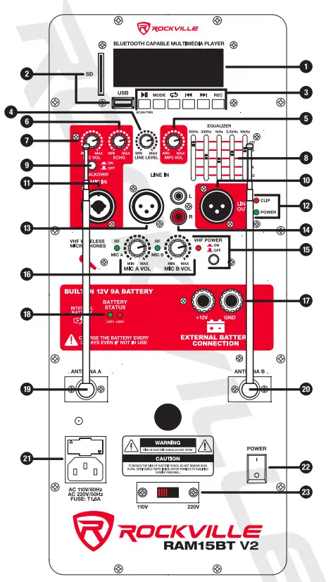 Rockville RAM-BT V2 series Pro Audio Speaker- Controls 4