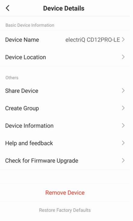 electriQ CD12PW Compressor Dehumidifier with Digital Humidistat - DEVICE DETAILS SCREEN
