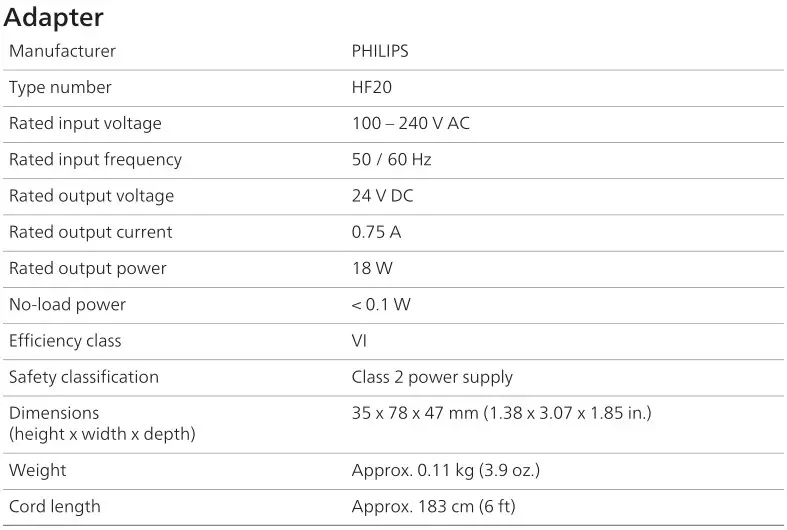 PHILIPS HF3650 SmartSleep Sleep and Wake-Up Light - Specifications 1