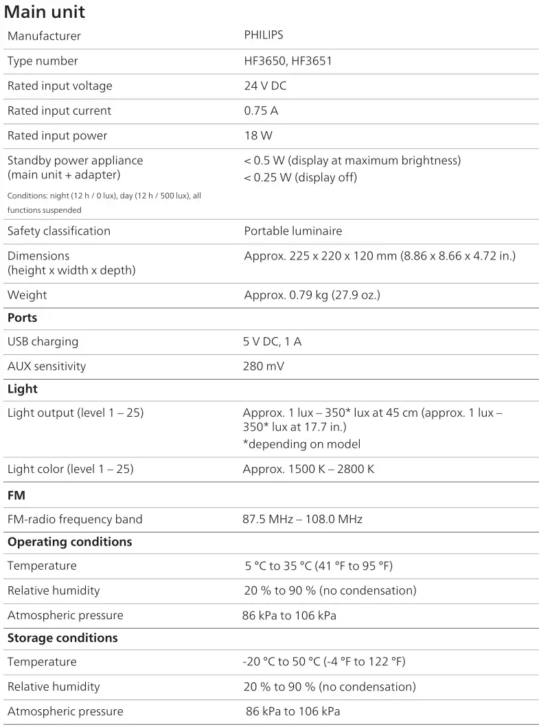 PHILIPS HF3650 SmartSleep Sleep and Wake-Up Light - Specifications 2