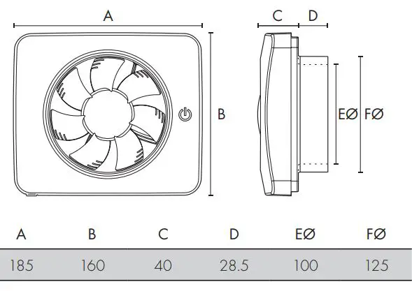 Vent-Axia Pureair Sense Bathroom Fan With Odour Sense Technology Instruction Manual - Dimensions
