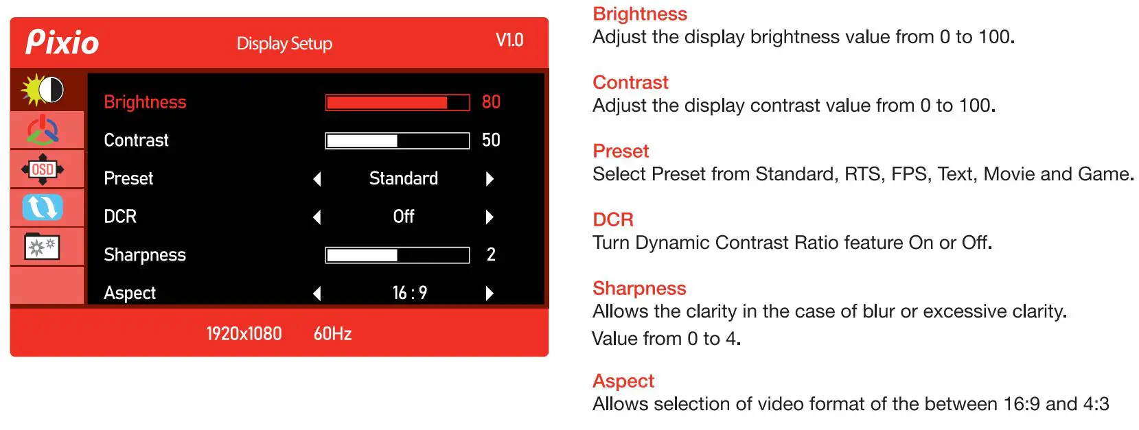Pixio PX160 15.6in IPS Premium Portable Monitor User Manual - OSD Menu