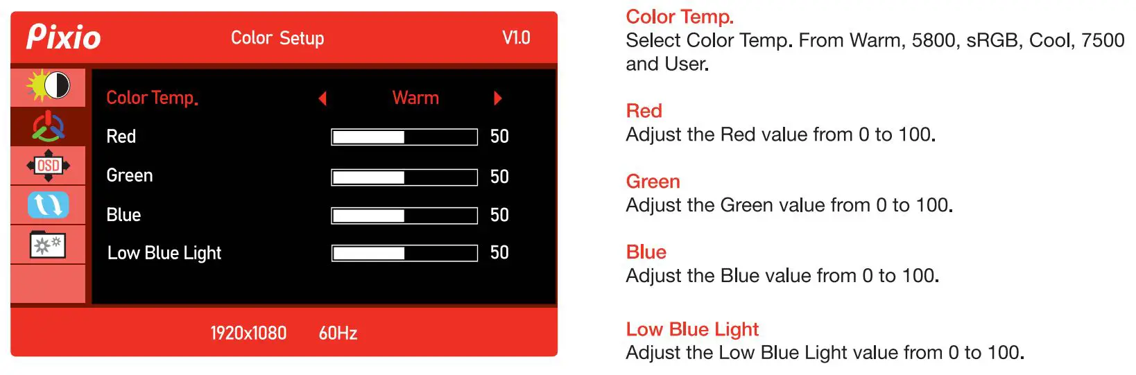 Pixio PX160 15.6in IPS Premium Portable Monitor User Manual - OSD Menu