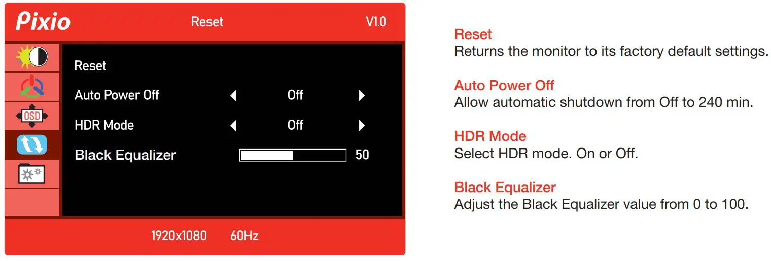 Pixio PX160 15.6in IPS Premium Portable Monitor User Manual - OSD Menu