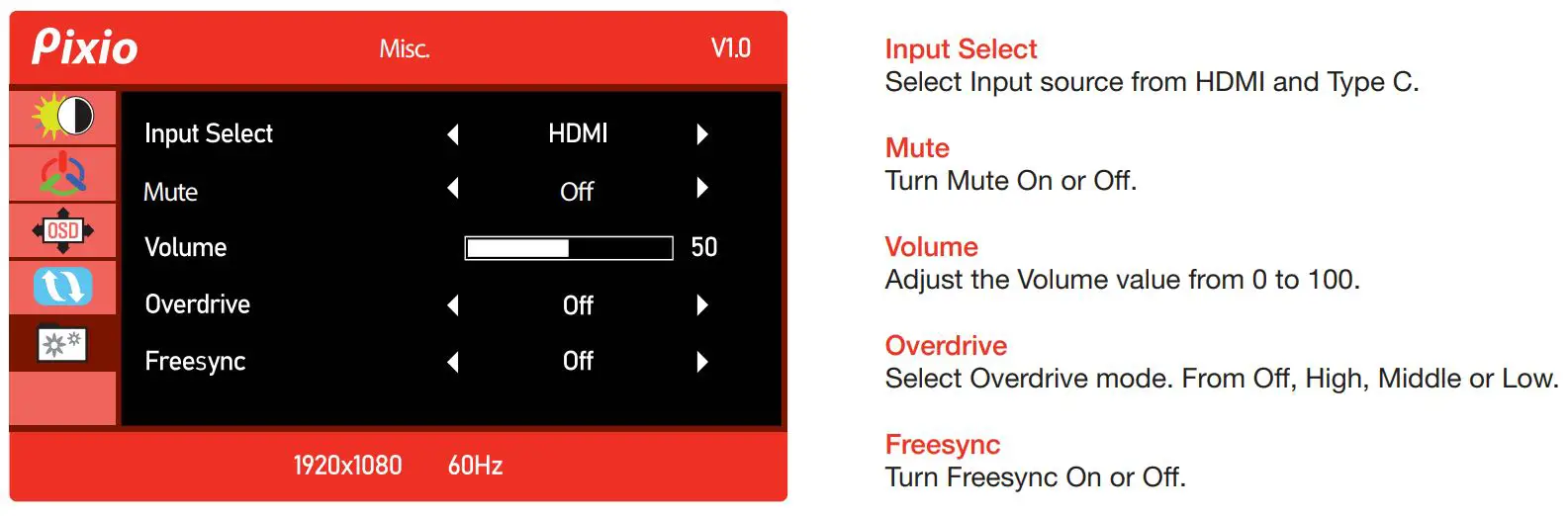 Pixio PX160 15.6in IPS Premium Portable Monitor User Manual - OSD Menu
