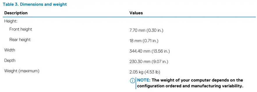 DELL XPS 15 9500 - Table 3. Dimensions and weight