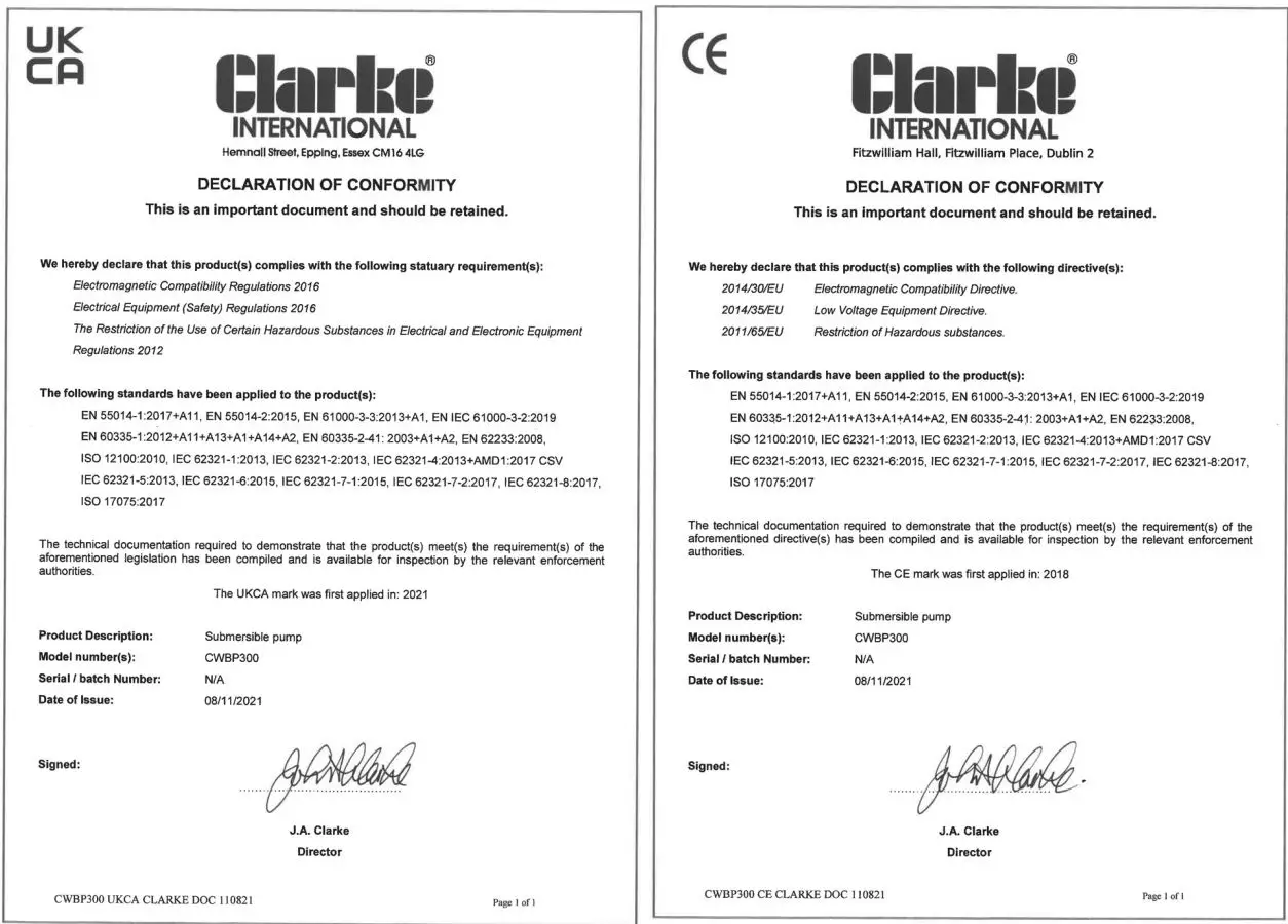Clarke CWBP300 Submersible Water Butt Pump Instruction Manual - DECLARATION OF CONFORMITY