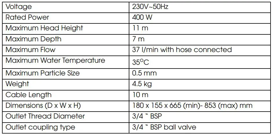 Clarke CWBP300 Submersible Water Butt Pump Instruction Manual - SPECIFICATIONS