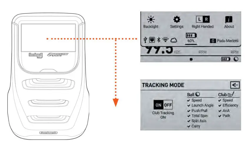 Bushnell 501000 Launch-Pro User Manual - To turn on Club Tracking mode, swipe down to access the QUICK SETTINGS screen
