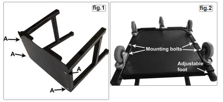 4.4.1. Screw long brackets to underside of seat, note down turned ends, see fig.3.  4.4.2. Screw on seat to frame spacer brackets, see fig.3.  4.4.3. Fix seat to frame assembly with two cross head screws, washers and 10mm nuts through frame assembly, see fig.4.