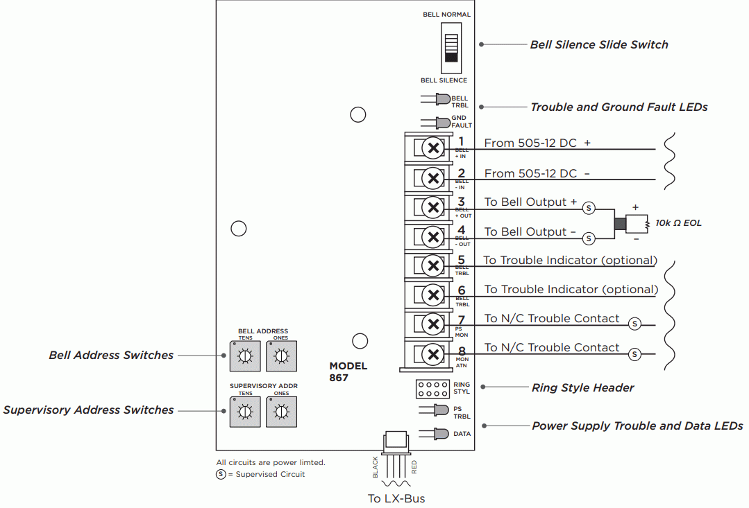 DMP LT 0178 867 Style W LX Bus Notification Module - Wiring Connections