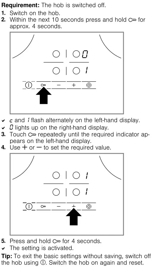 BOSCH PKN811D17E Electric Hob - Changing basic settings