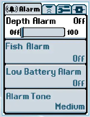 HUMMINBIRD Matrix 35 Fishing System - Alarm Settings - Main Menu Alarm Tab