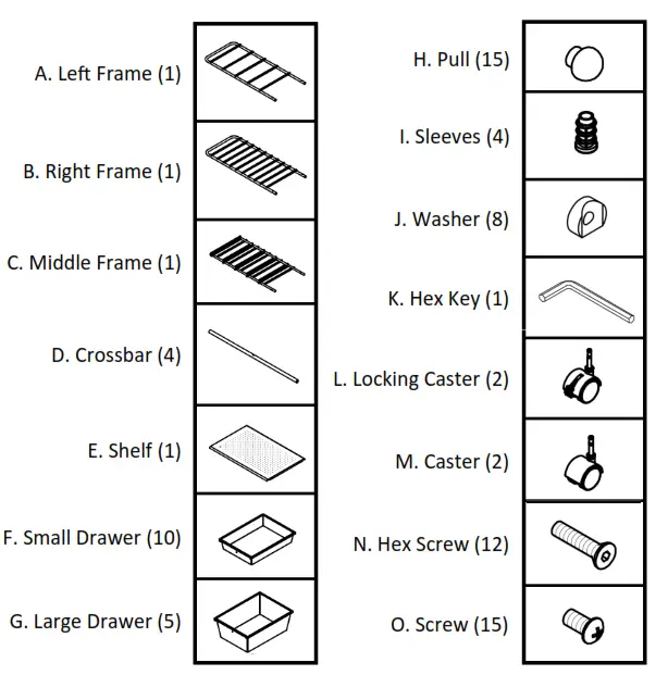seville classics 15-Drawer Organizer Cart - Parts List