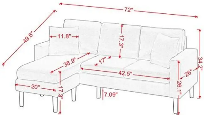 Aoibox SNMX914 72 Inch W Square Arm Fabric L Shaped Reversible Sectional Sofa-fig2