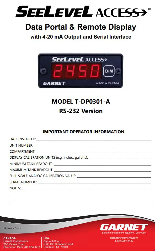 GARNET T-DP0301-A SEELEVEL ACCESS Data Portal and Remote Display User Manual