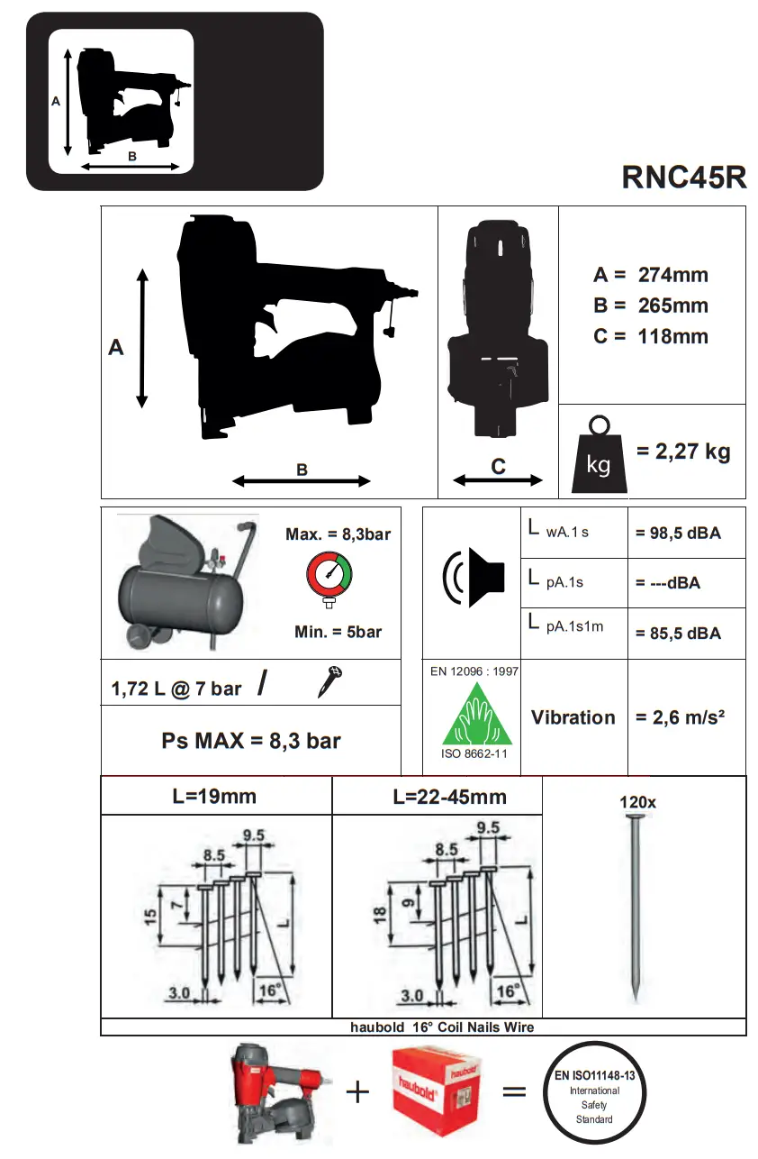 haubold RNC45R Pneumatic Coil Roofing Nailer - fig