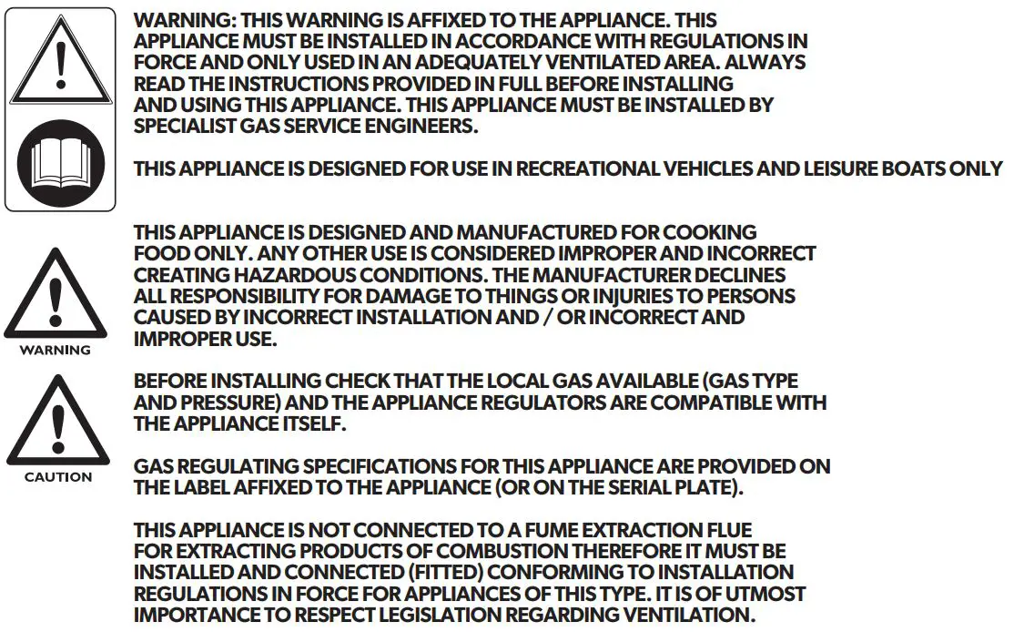 DOMETIC Cooking Hobs and Monobloc Combinations Instruction Manual - SAFETY WARNINGS
