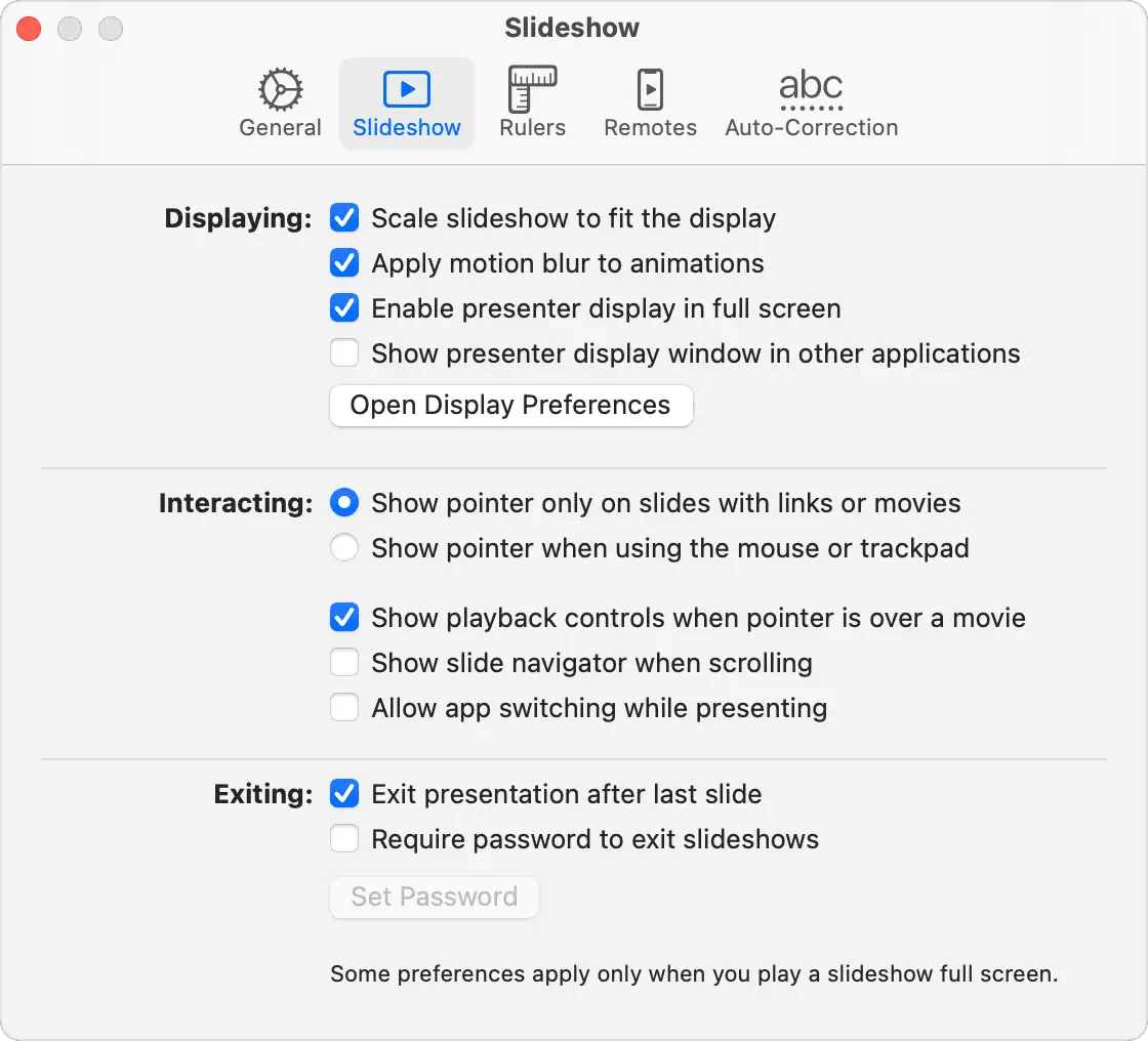 Keynote Slideshow Preferences window