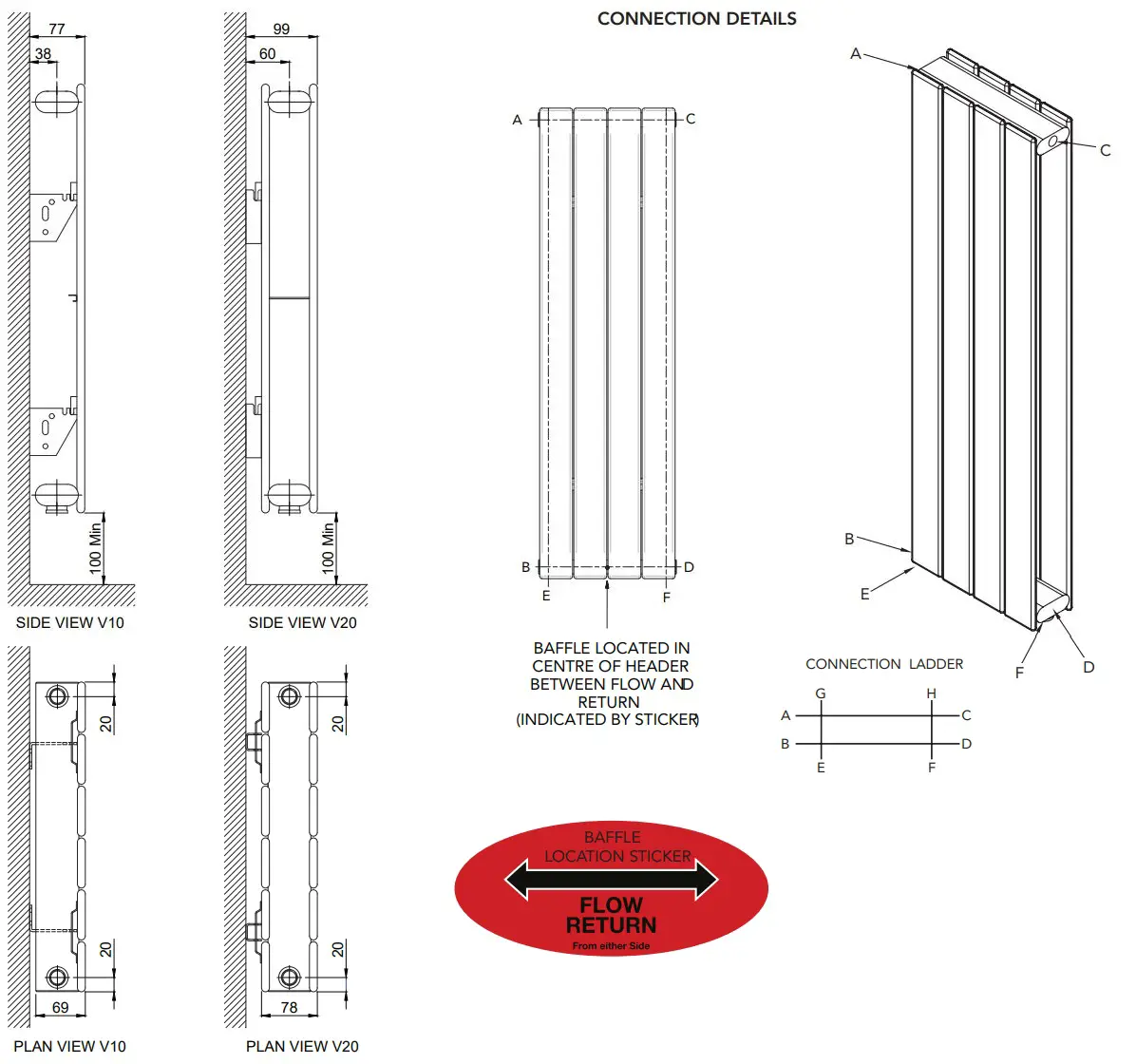 Myson Decor Vertical Flat Tube Radiator V10 and V20 User Guide - CONNECTION DETAILS